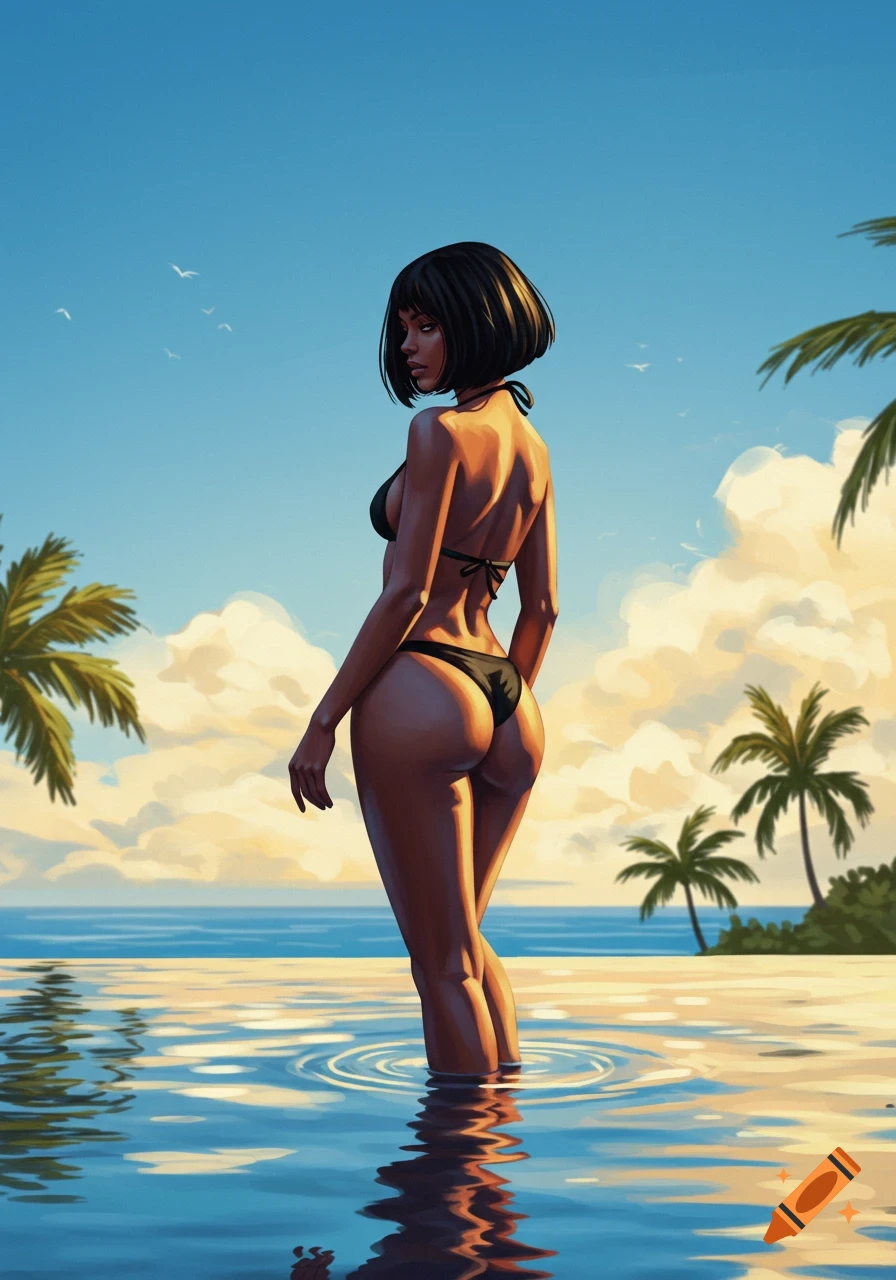 An artistic illustration of a woman with bobcut hair in a black bikini, standing in shallow tropical water, looking over her shoulder.