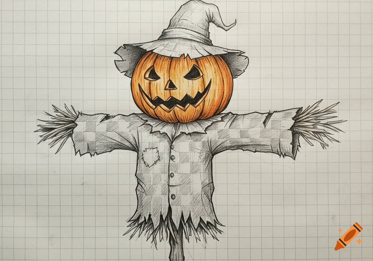 A detailed sketch of a scarecrow with a jack-o'-lantern head, drawn on grid paper.