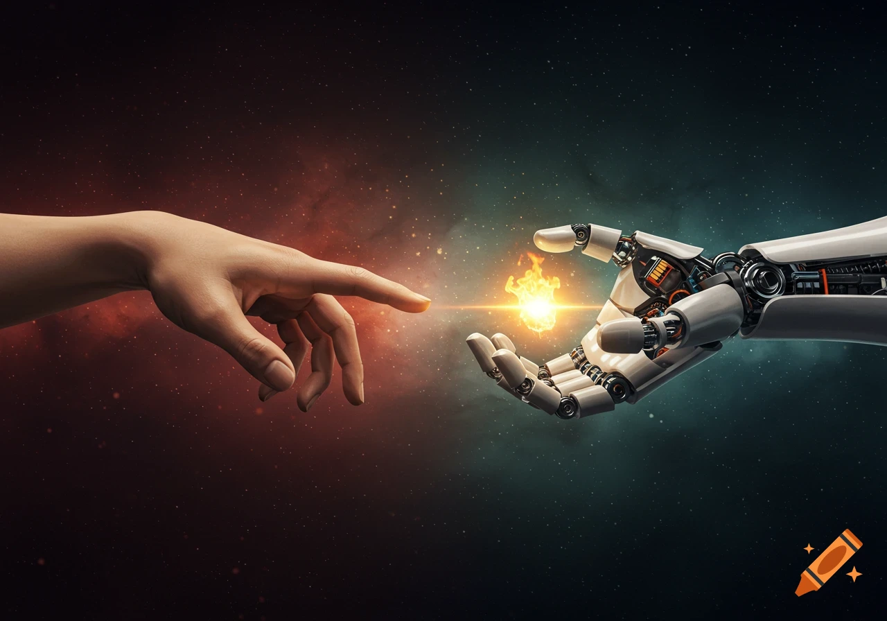A human hand and a robot hand reach towards each other with a glowing fiery orb between them against a dual-toned cosmic background.