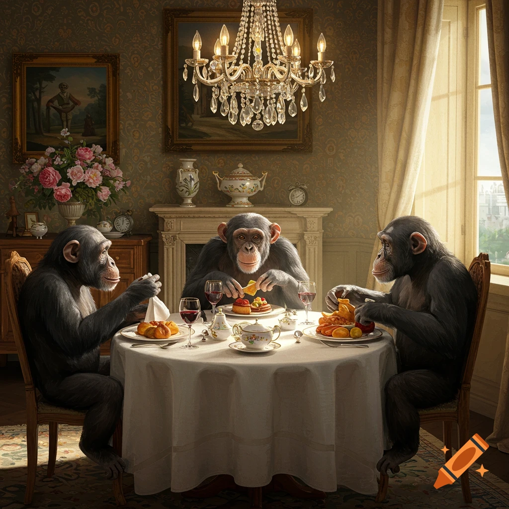 Three photorealistic chimpanzees eating with fine dining manners at a formal table in a luxurious room.