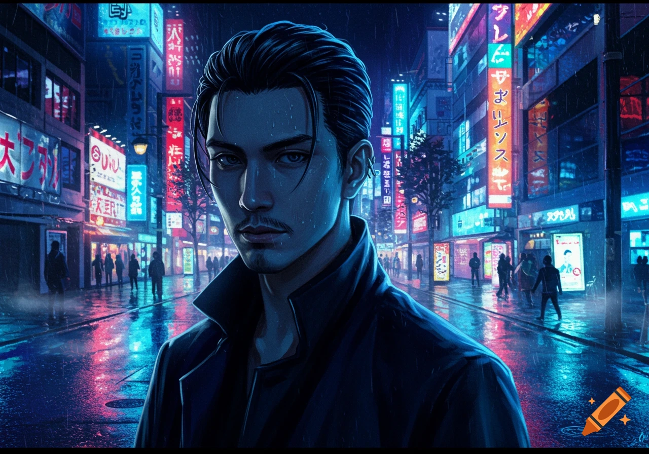 Anime-style portrait of a man with slicked-back hair, looking serious in a rainy, neon-lit cyberpunk city.