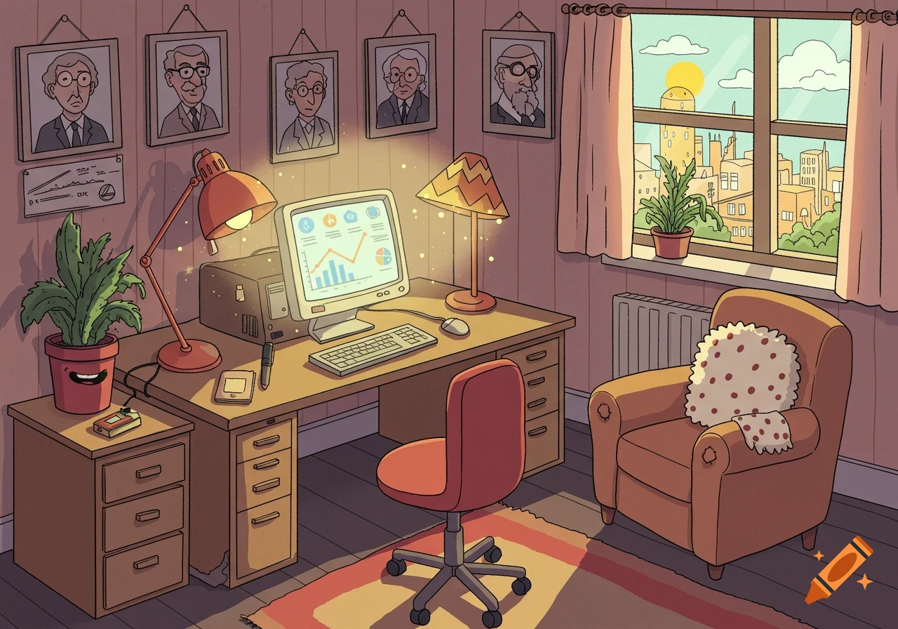 A cartoon drawing of a cozy office room with a computer, desk lamps, an armchair, plants, and portraits on the wall.
