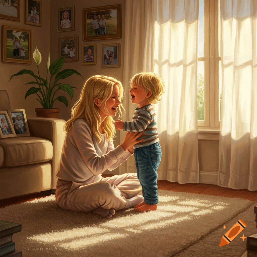 A blonde mother sits on a rug, laughing and holding a young blonde boy standing in front of her in a sunlit room.