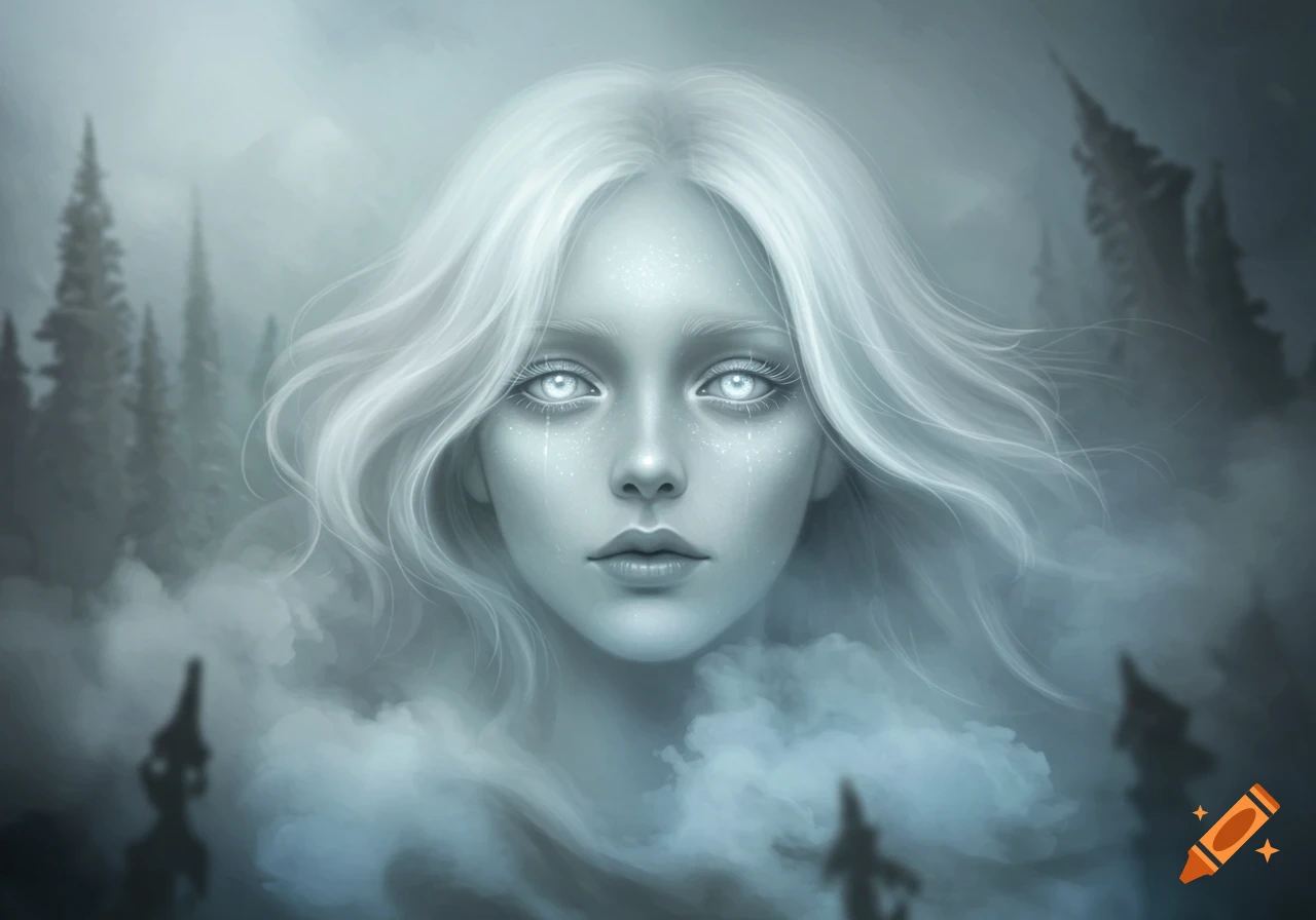 Ethereal woman with pale skin, white hair, and glowing eyes, emerging from mist in a dark, stylized forest.