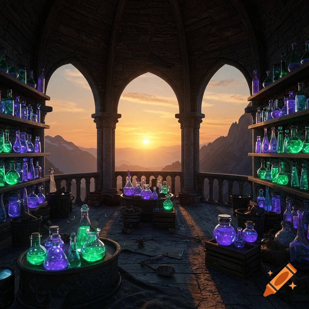 Hyperrealistic fantasy art of a witch's potions room in a high tower with glowing liquids, overlooking a mountain range at sunset.