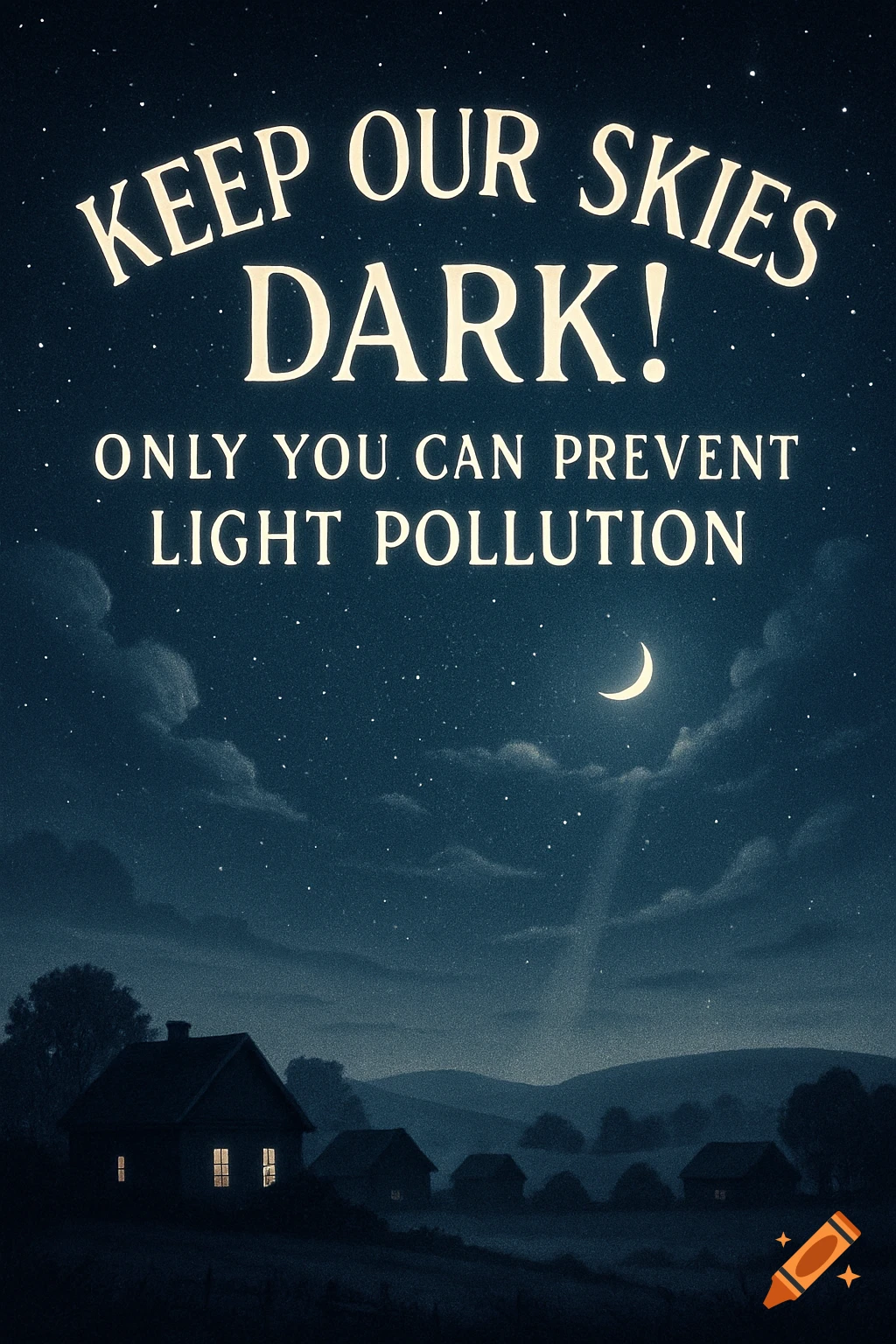 A dark, starry night sky with a crescent moon over a rural landscape with houses, featuring an environmental message.