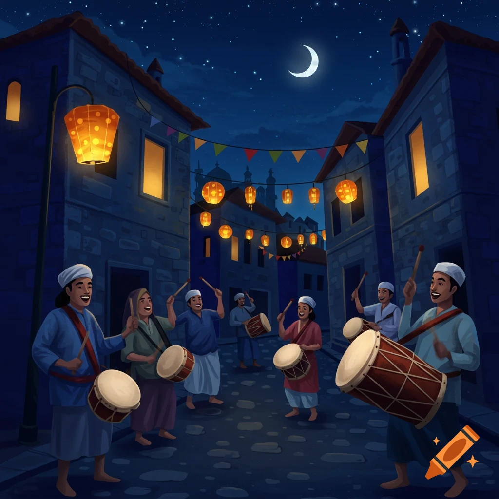 Illustration of people playing drums in a festive street at night, illuminated by lanterns and a crescent moon.