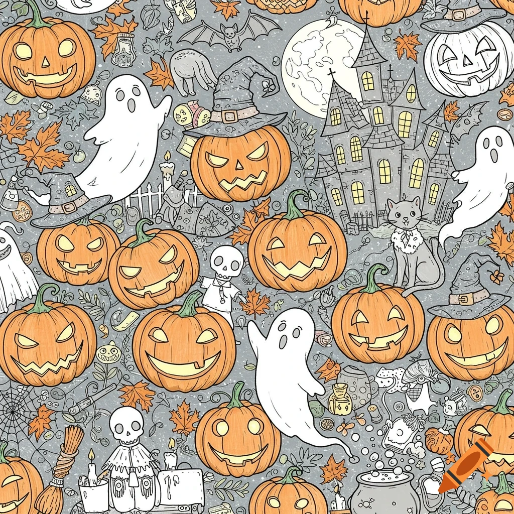 A seamless Halloween pattern featuring pumpkins, ghosts, a haunted house, a black cat, bats, skeletons, and autumn leaves on a gray background in a cartoon style.