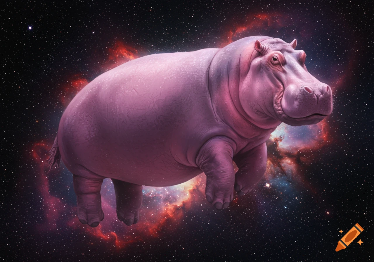 A large, pinkish-purple hippopotamus floats amidst stars and colorful nebulae in deep space.