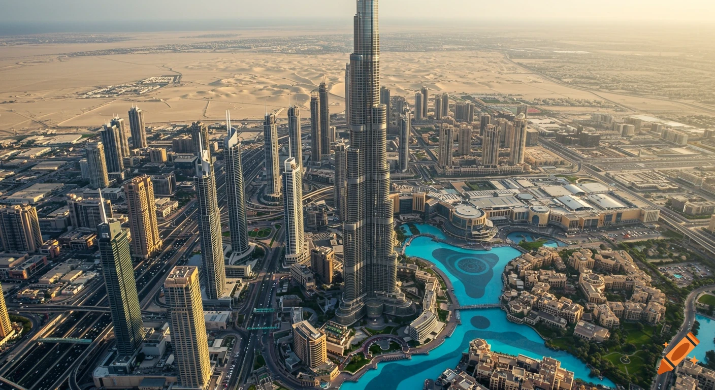 Aerial view of Downtown Dubai with the Burj Khalifa, surrounding skyscrapers, a large mall, and roads, set against a desert background.