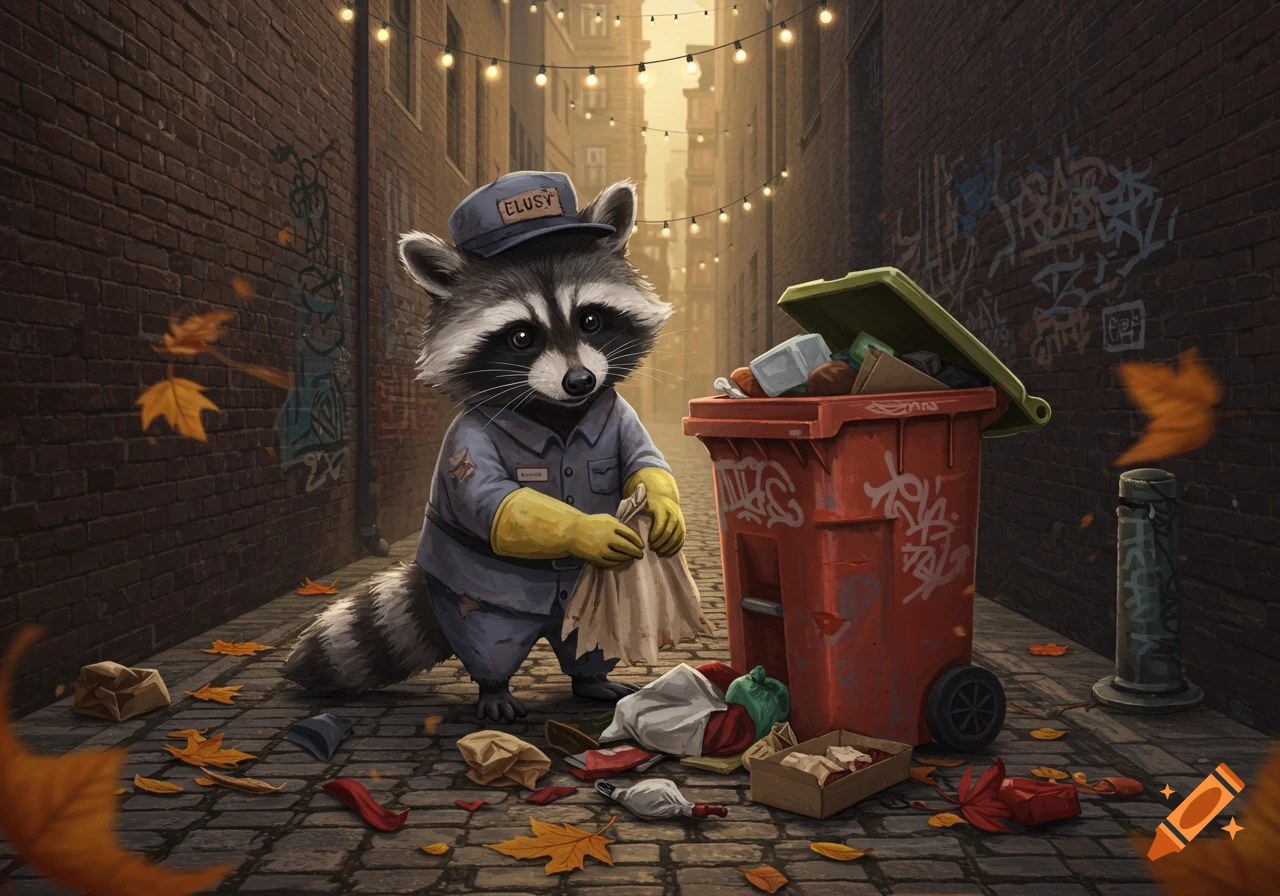 A cute cartoon raccoon in a janitor uniform and gloves holds a trash bag next to a red dumpster in an alleyway.