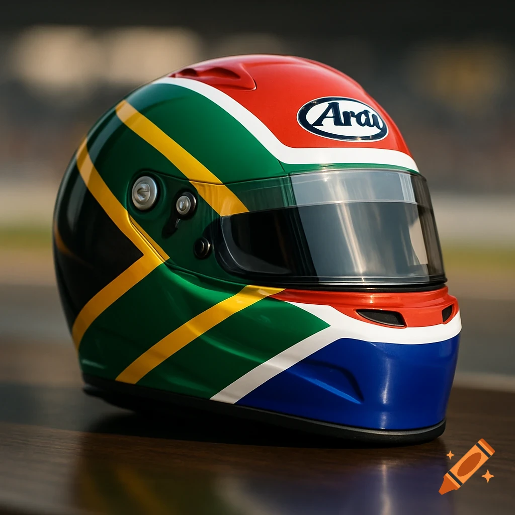 Photorealistic image of a racing helmet with a South African flag design and Arai logo.