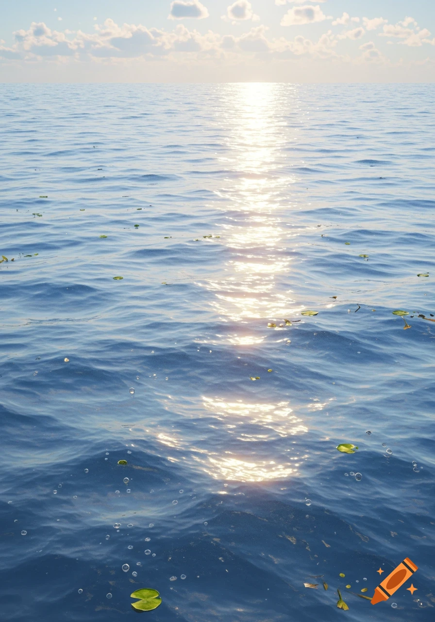 Photorealistic view of sunlight reflecting on calm blue water with small lily pads and distant clouds.