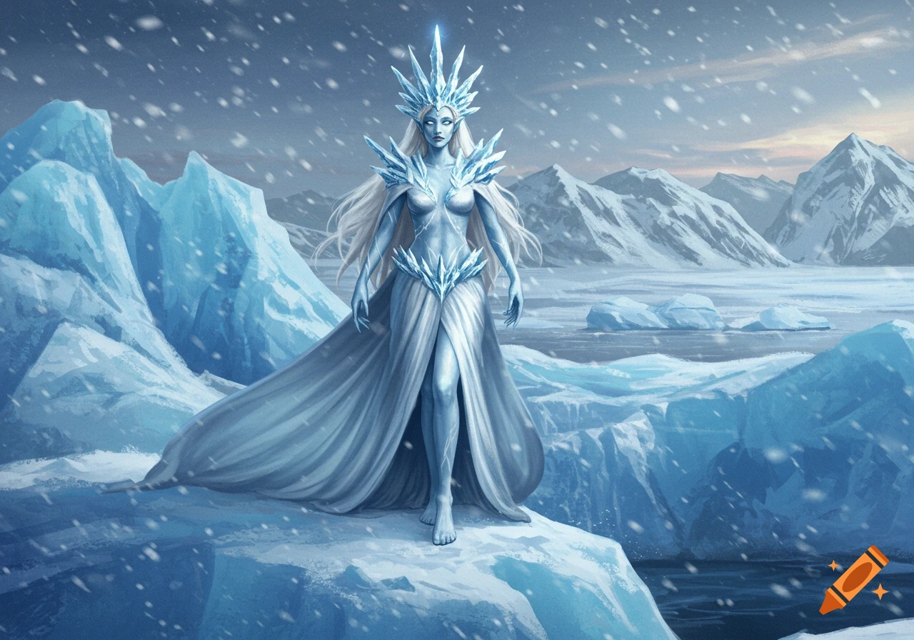 An ice queen in an elaborate blue and white gown with a spiky crown stands in a snowy mountain landscape.