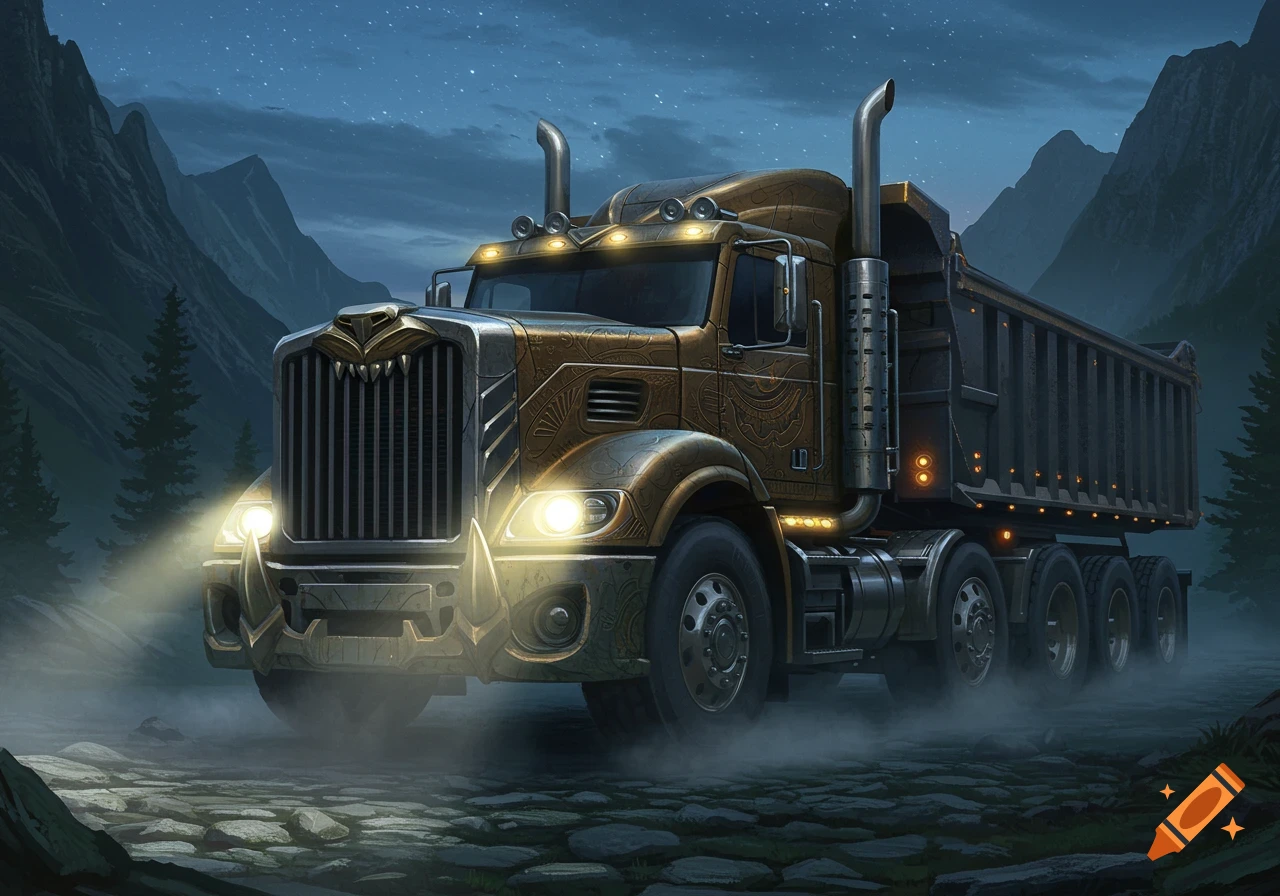 A large, stylized bronze dump truck with glowing headlights drives through a misty, rocky mountain pass at night under a starry sky.