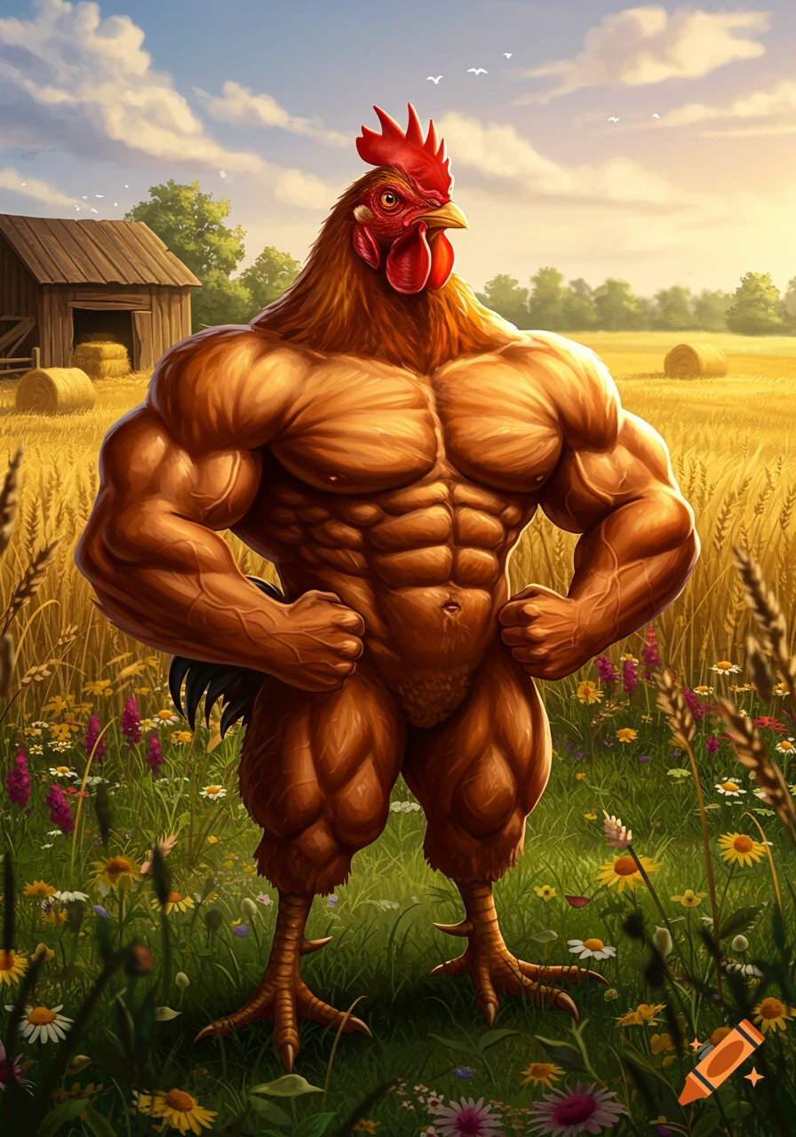 A muscular, anthropomorphic rooster with a human-like torso poses in a sunny golden field with a barn and wildflowers, digital art.