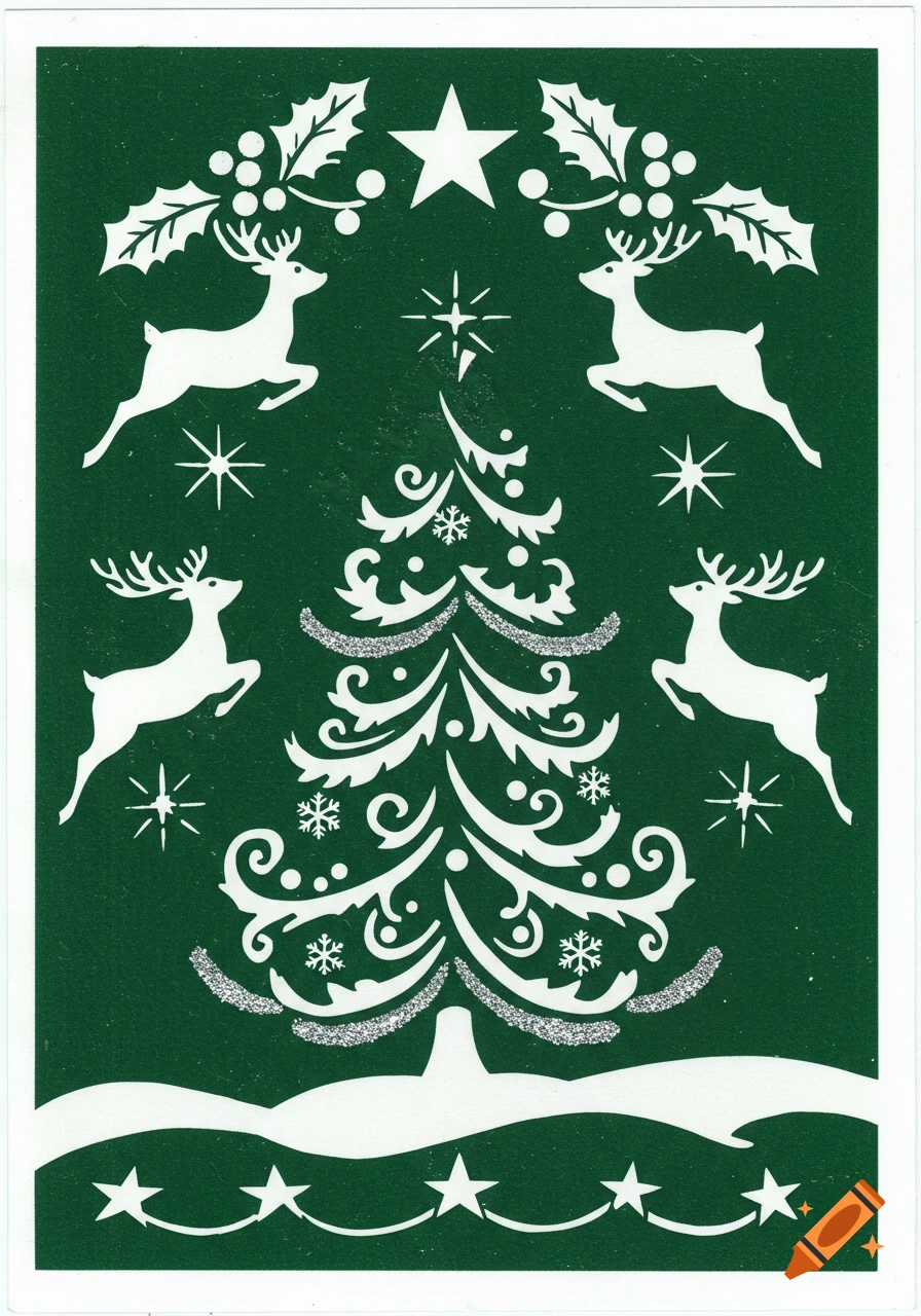 White Christmas stencil art on a dark green background, featuring a stylized tree, four leaping reindeer, holly, and stars.