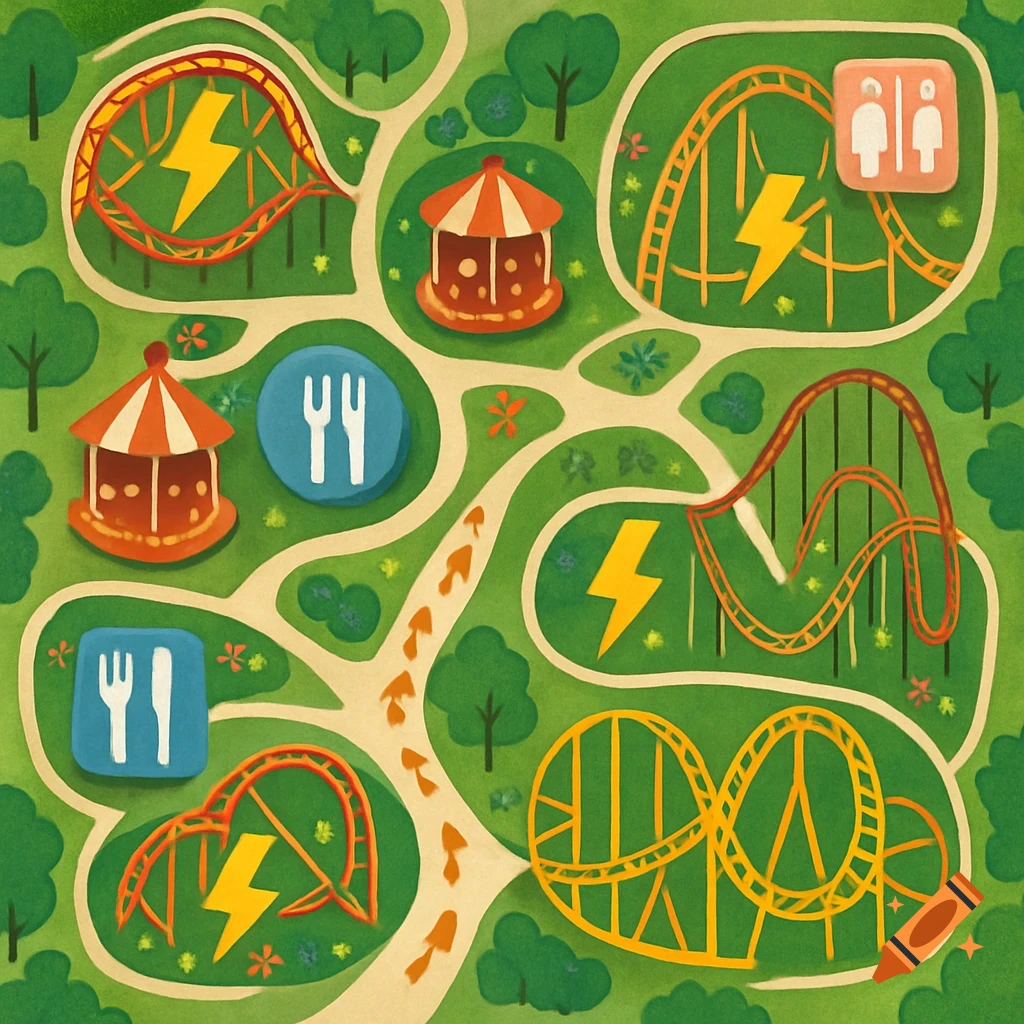 An overhead illustrated map of a theme park with roller coasters, carousels, and paths, marked with symbols for restrooms and restaurants.