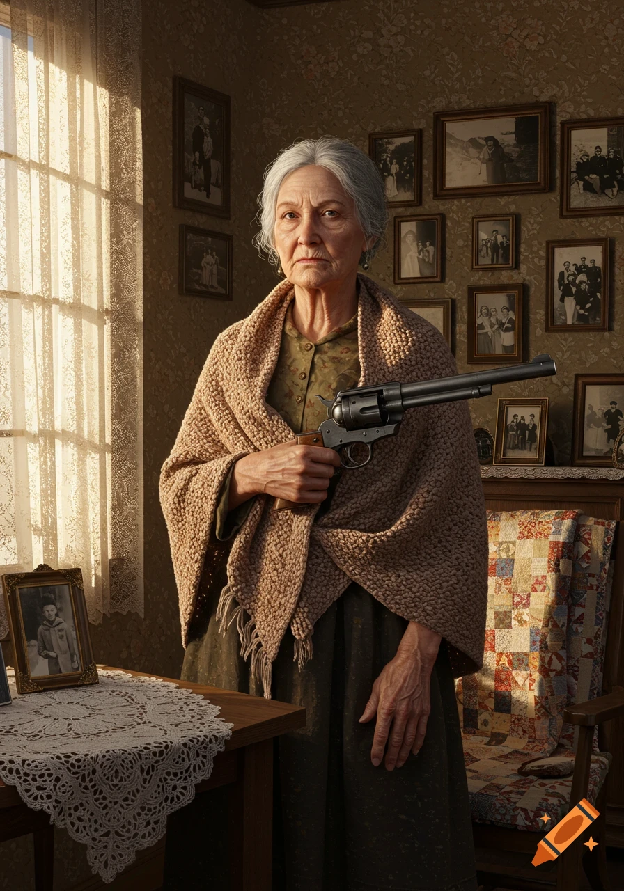 Photorealistic portrait of an elderly woman with a serious expression, holding a revolver, in a rustic room filled with framed photos.