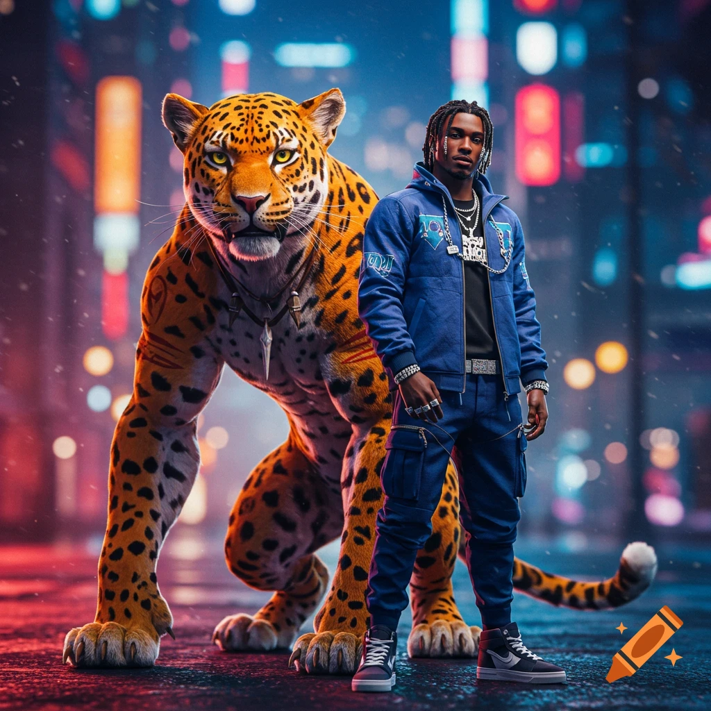 A photorealistic image of a man in a blue tracksuit standing next to a large, watchful jaguar in a neon-lit city street.