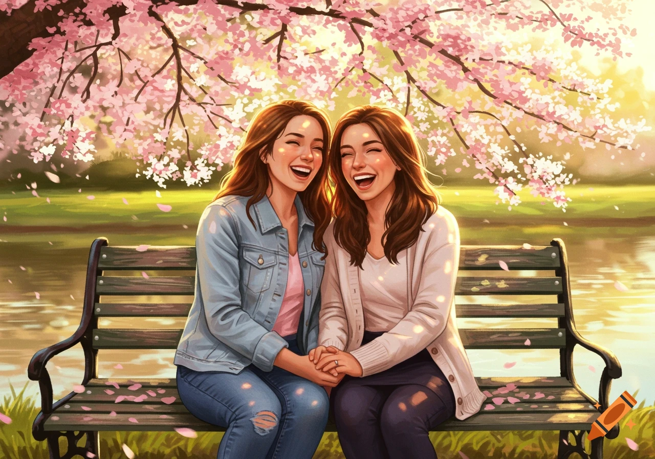Two smiling women holding hands on a park bench under a blooming cherry blossom tree in an illustration.