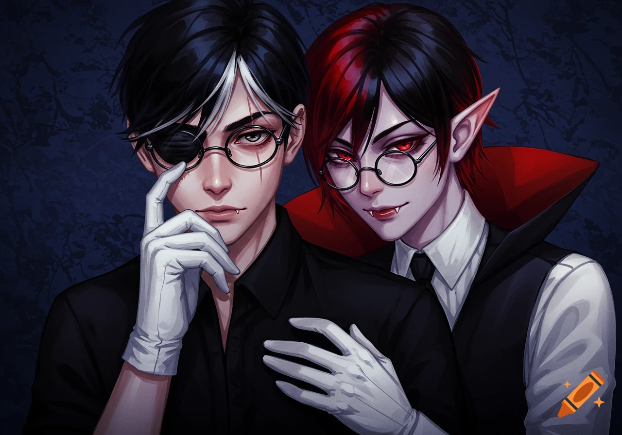Two anime-style male characters with vampiric features and glasses; one wears an eyepatch and gloves, the other has pointed ears and red hair.