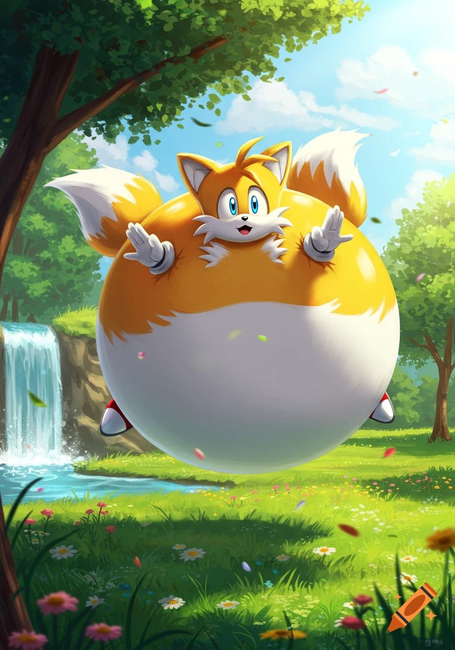 An inflated Miles 'Tails' Prower floats in a sunny forest clearing with a waterfall and river.