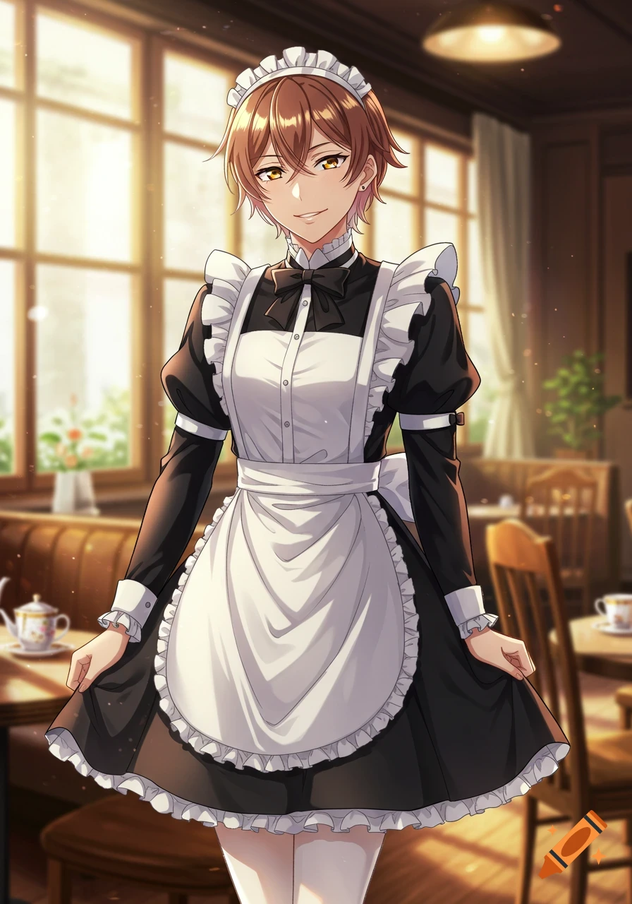 An anime person with short brown hair and golden eyes, dressed in a black and white maid outfit, smiling in a cafe.