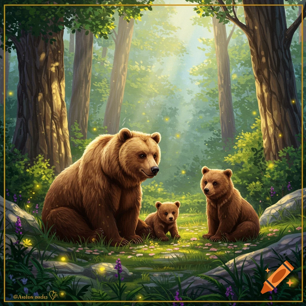 A mother bear and her two cubs sit in a lush, sun-dappled forest clearing with glowing particles, in a detailed, illustrative style.