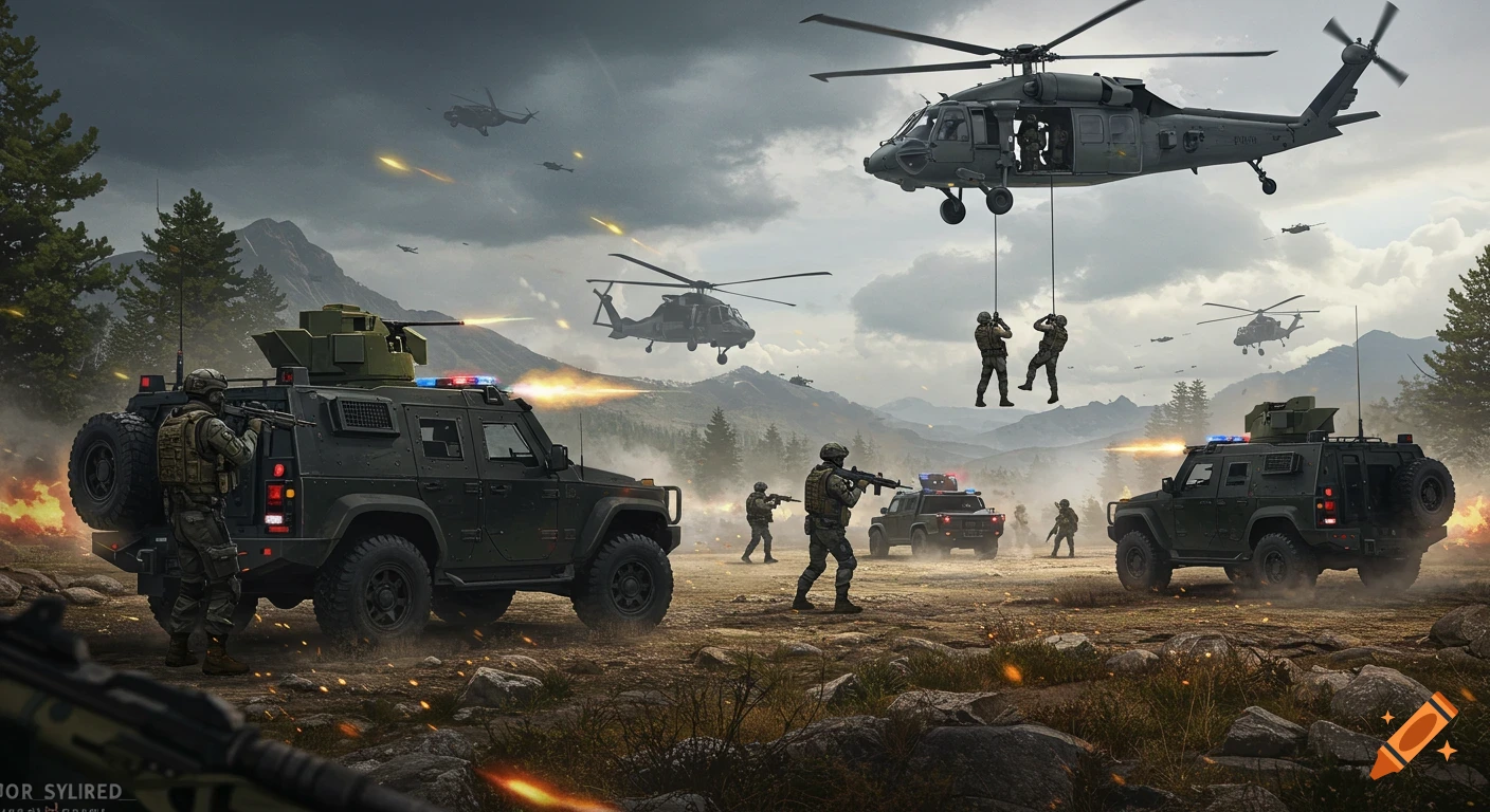 Photorealistic military combat scene in a mountainous forest with soldiers, helicopters, and armored vehicles firing weapons.