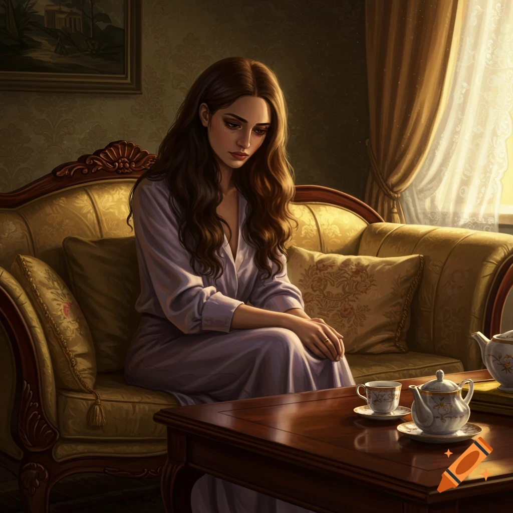 A sad brunette woman in a light robe sits on a gilded sofa in a richly decorated room, a tea set on the table.