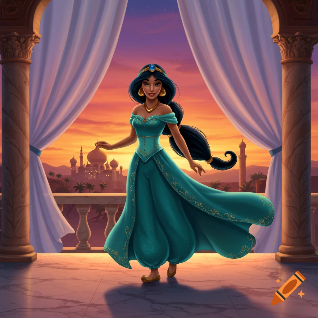 Princess Jasmine in a teal dress stands on a balcony overlooking a city at sunset, cartoon style.