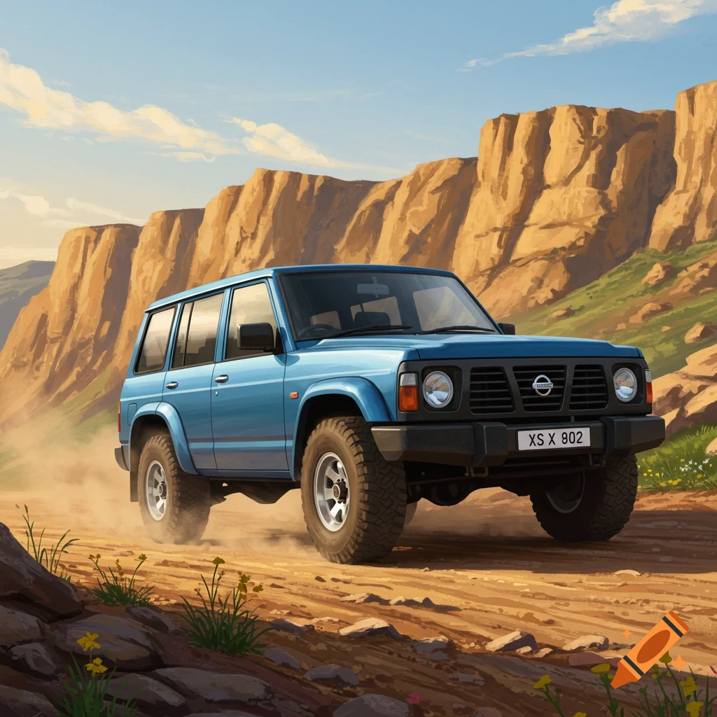 A blue Nissan Patrol SUV drives on a dusty dirt road with rock formations and a blue sky in the background.