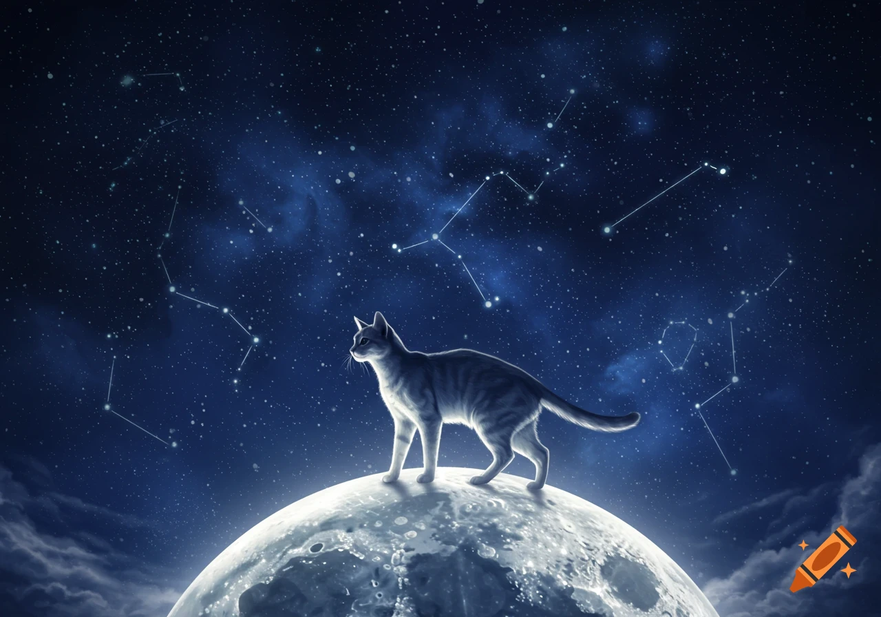 A grey cat stands on a bright moon under a dark blue starry night sky with constellations.