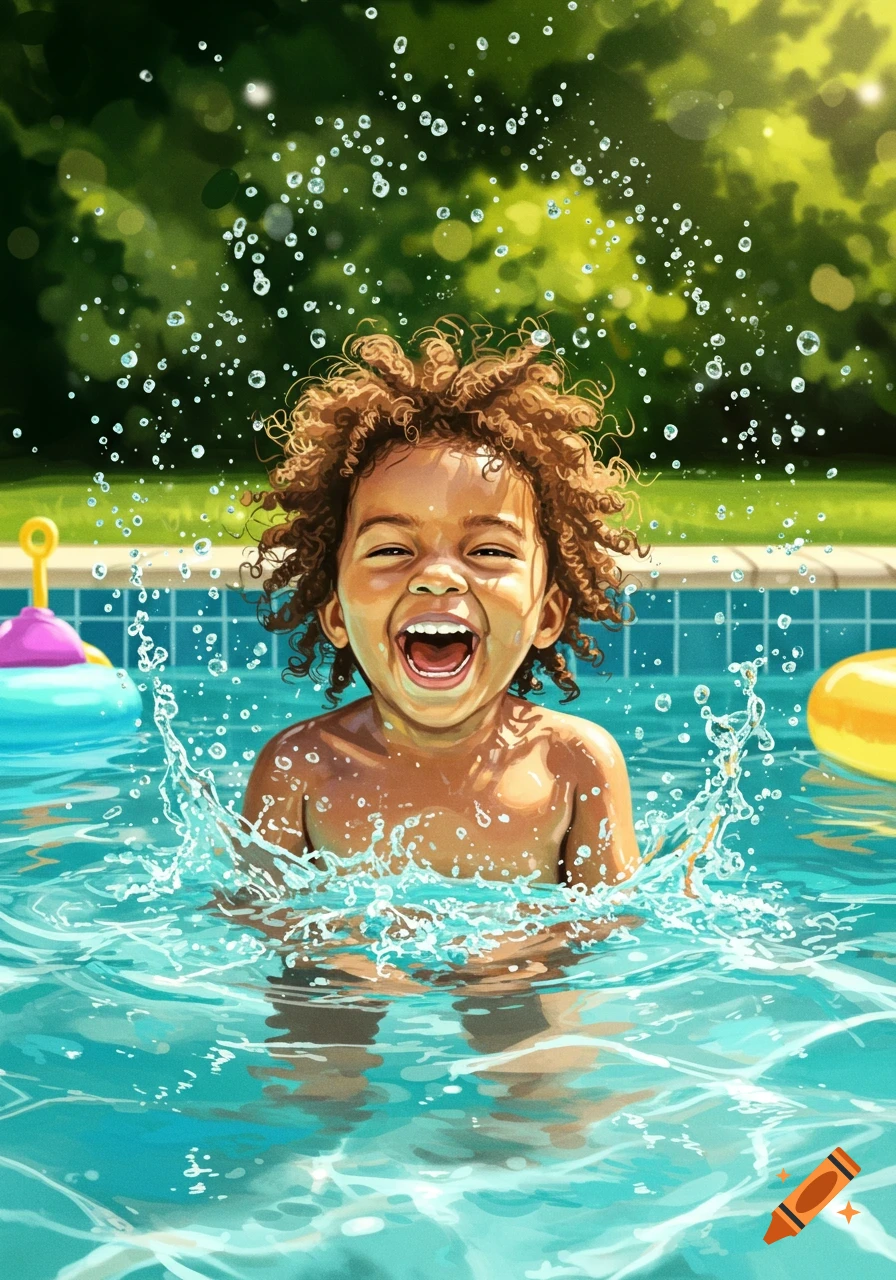 Vibrant illustration of a joyful child with curly hair splashing in a sunny swimming pool with inflatable toys.