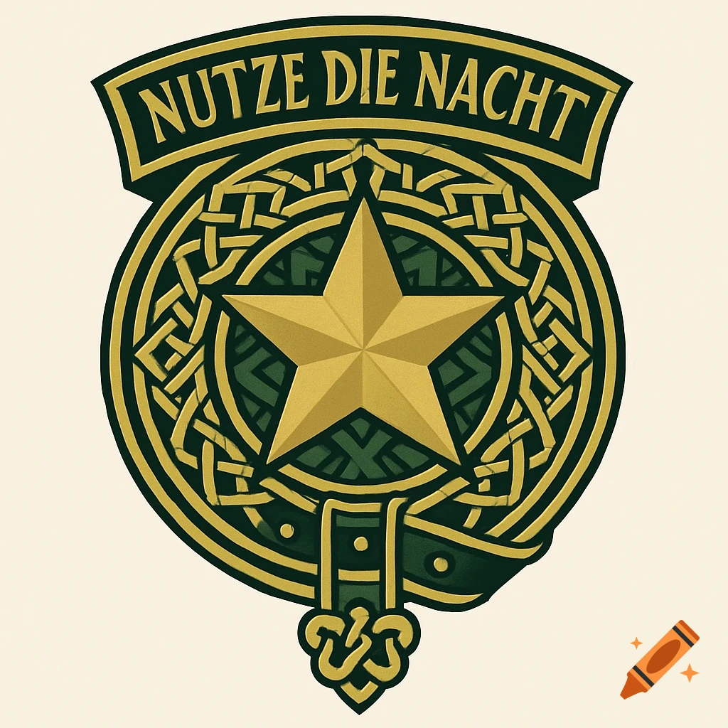 A gold and green heraldic badge featuring a central five-pointed star, Celtic knotwork, and a banner reading 'NUTZE DIE NACHT'.