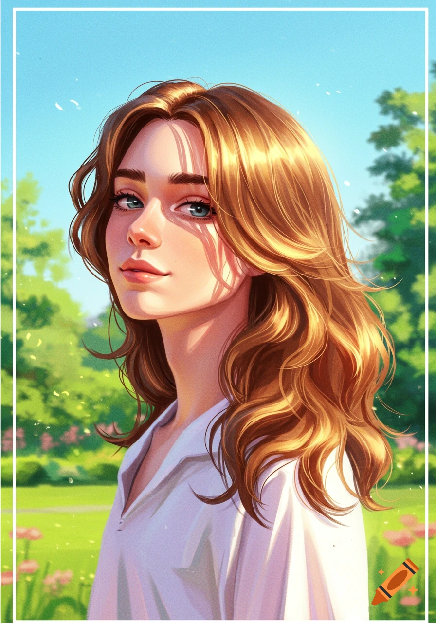 An illustrated portrait of a young woman with wavy brown hair and blue eyes, smiling slightly, bathed in sunlight in a park.