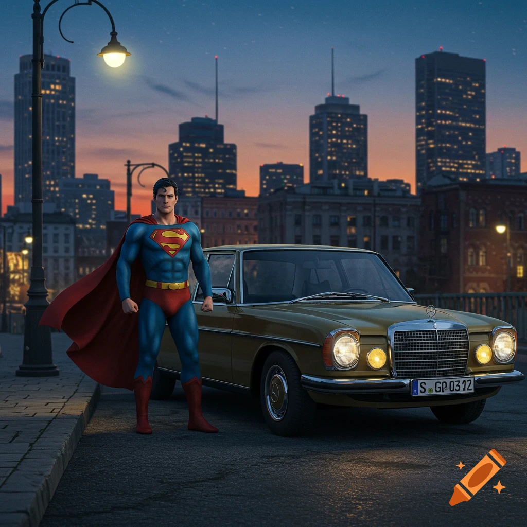 Superman stands next to a classic gold Mercedes car on a city street at dusk, with tall buildings in the background.