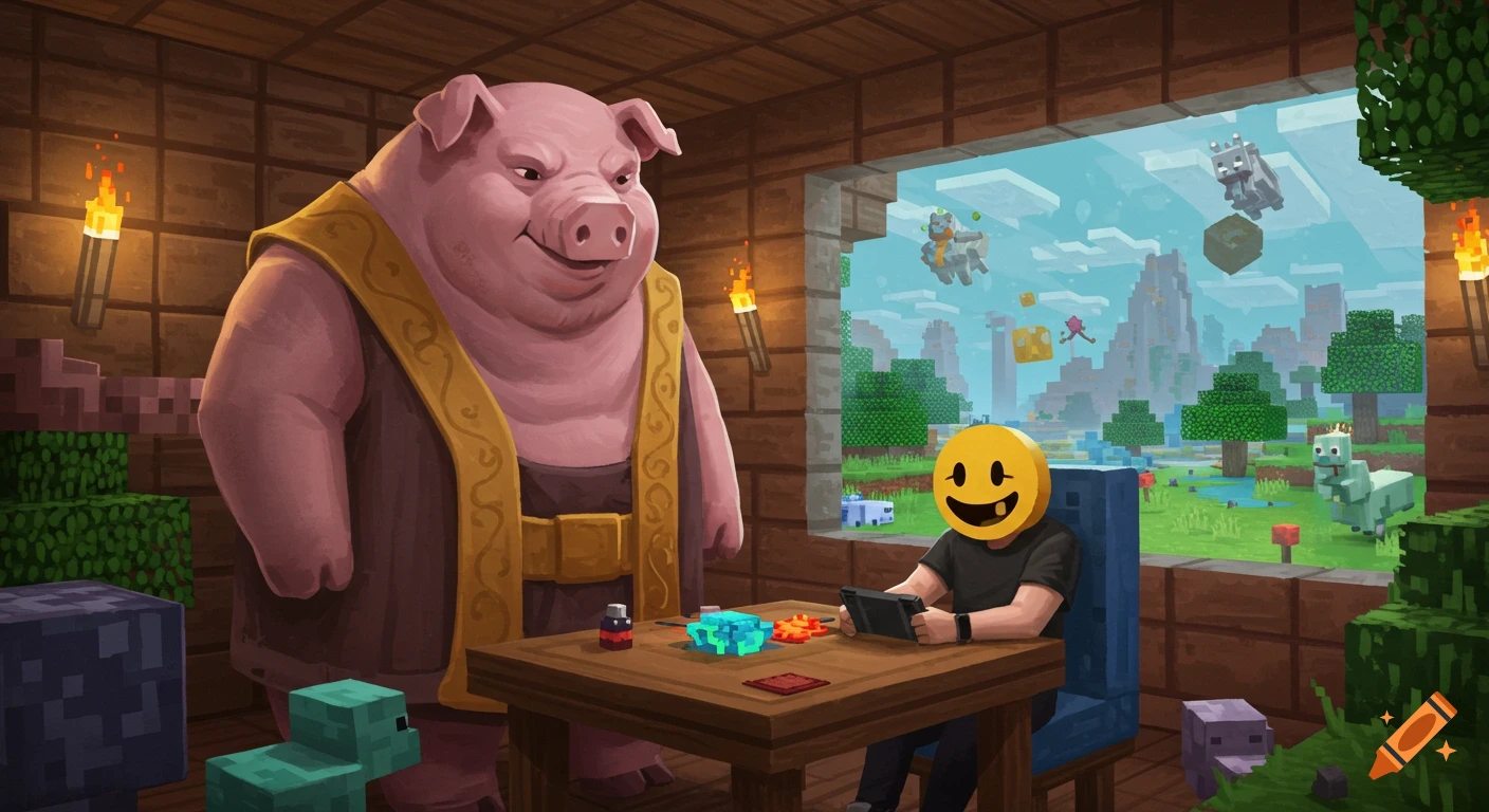 A large, humanoid pig creature stands by a table while a person with a yellow smiley mask plays a handheld game, looking out a window at a blocky Minecraft landscape.