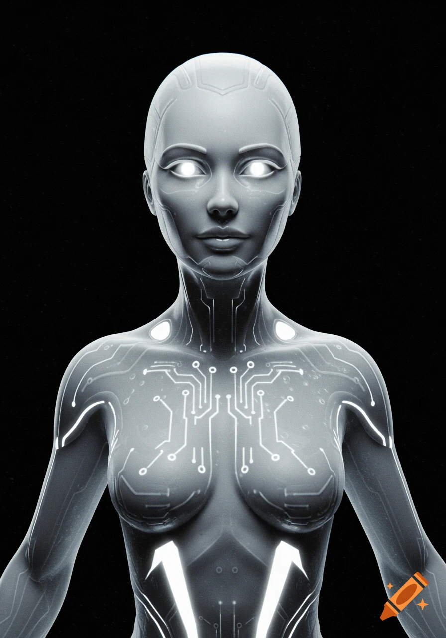 A futuristic female android with translucent skin and glowing white circuitry visible beneath, featuring luminous white eyes.