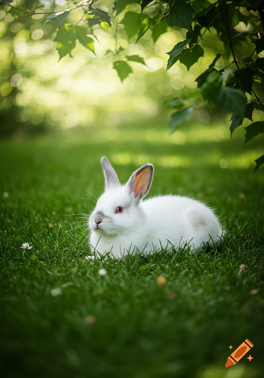 A fluffy white rabbit with red eyes and grey nose and ear markings rests on vibrant green grass, shaded by green leaves above.