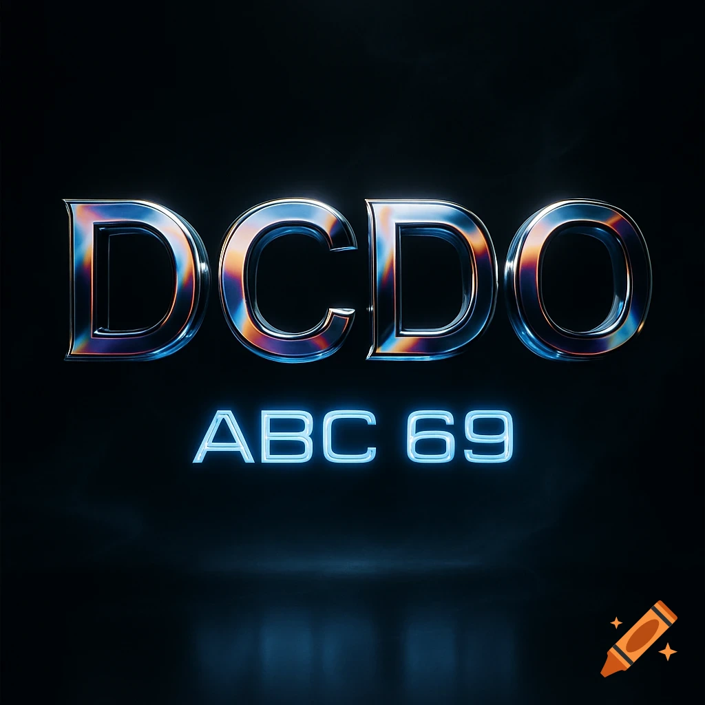 Metallic DCDO letters above glowing blue neon ABC 69 text on a dark background.