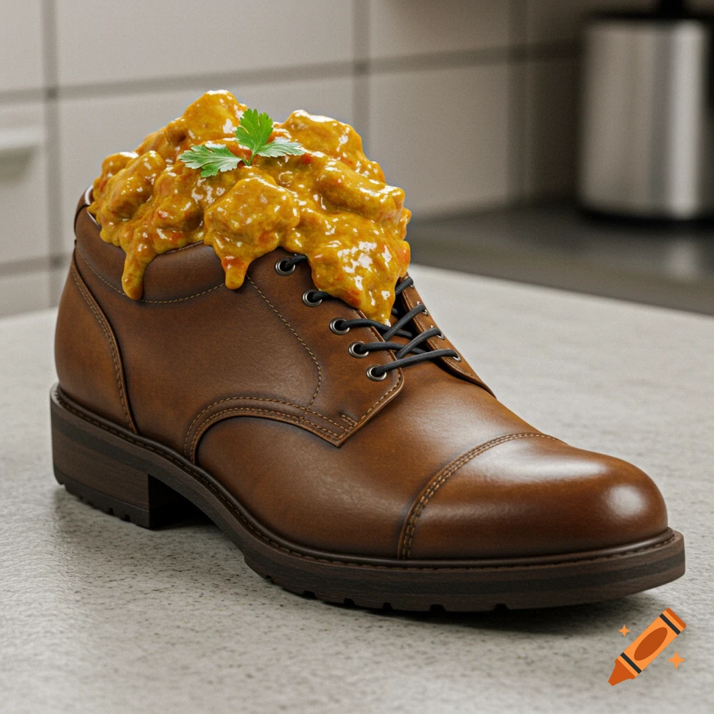 Photorealistic image of a brown leather shoe filled with a generous serving of yellow curry, garnished with a sprig of parsley.