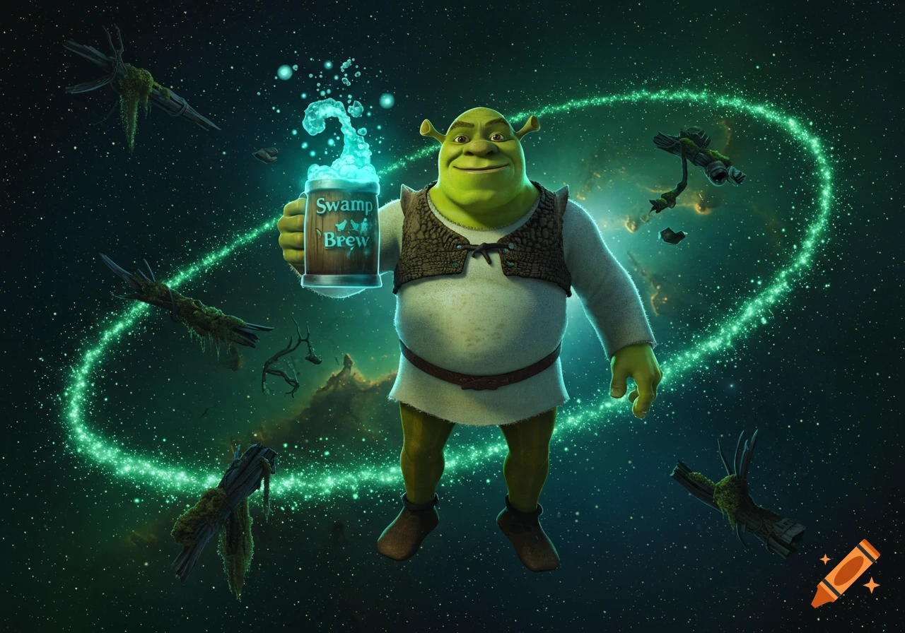 Shrek, the green ogre, floats in a starry green space, holding a glowing mug labeled 'Swamp Brew'.