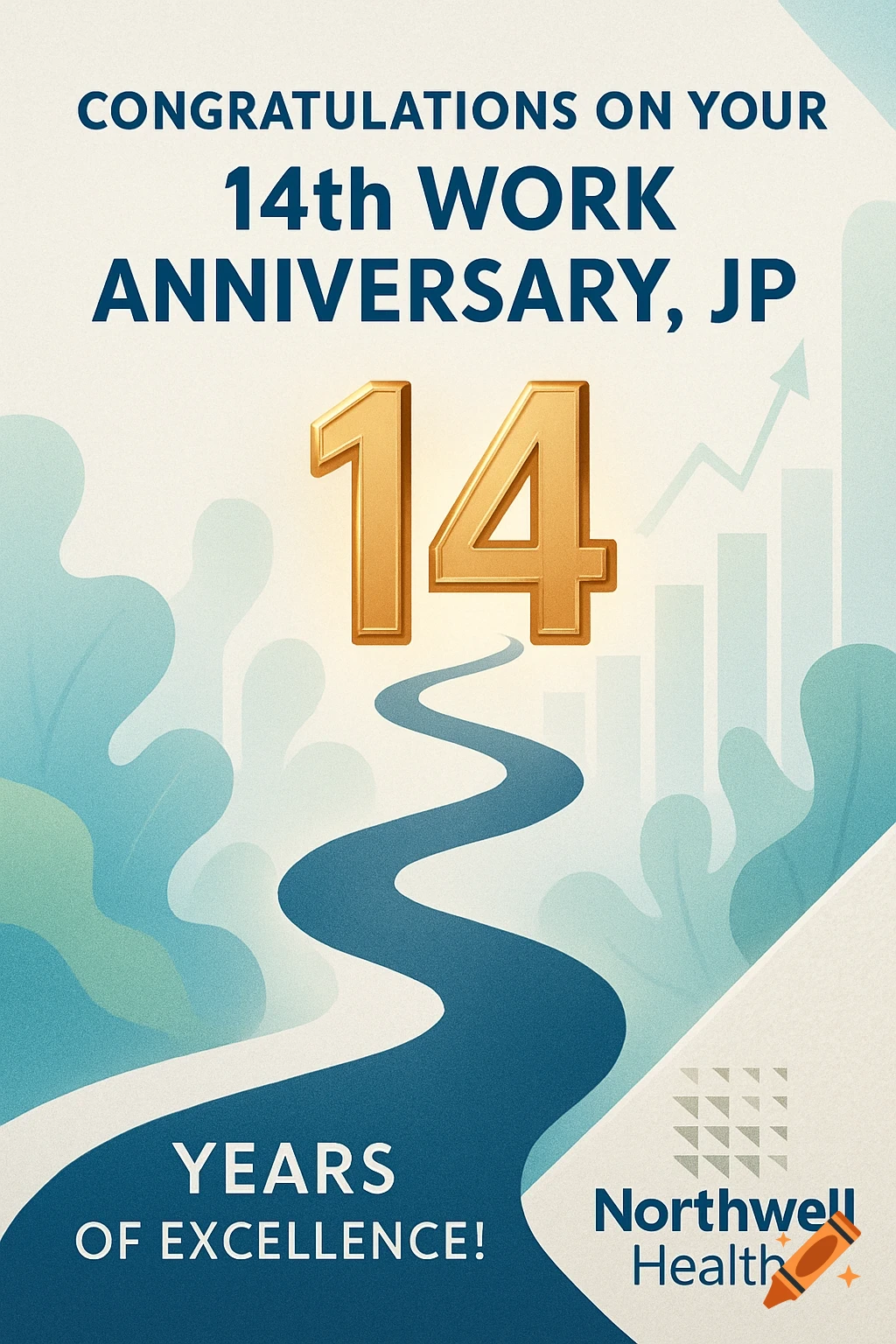 A professional illustration congratulating JP on their 14th work anniversary, featuring a golden '14', a winding path, subtle growth charts, and the 'Northwell Health' logo.