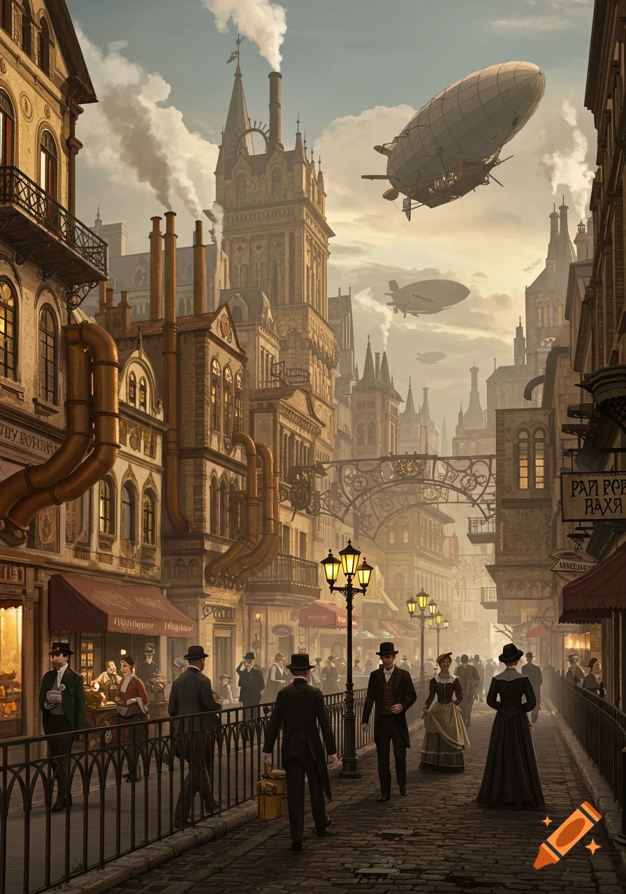 Steampunk city street with pedestrians, ornate buildings, smoking chimneys, and airships in a hazy sky.
