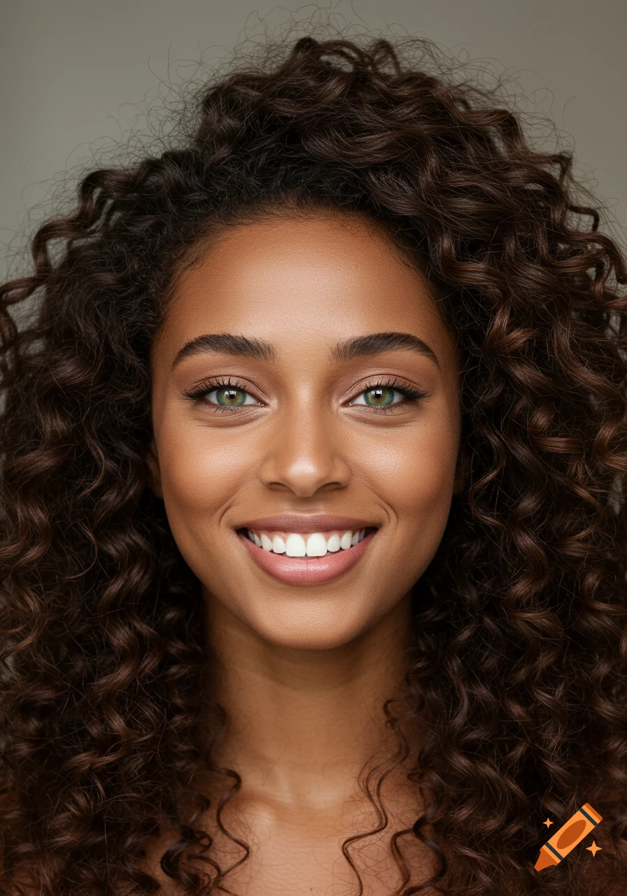 Close-up photorealistic portrait of a smiling woman with curly brown hair and green eyes.