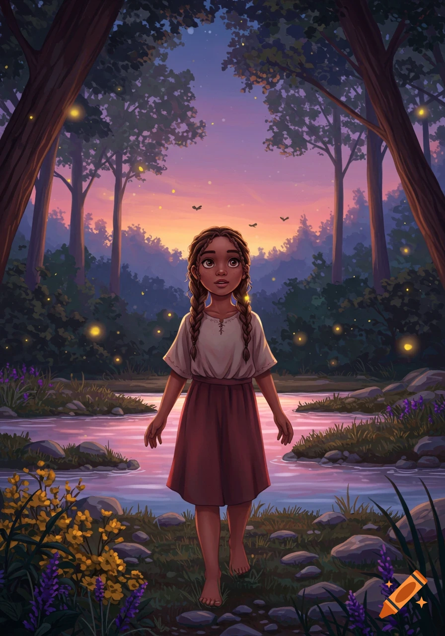 An illustrated young girl with braids stands barefoot by a glowing river in a magical forest at sunset, surrounded by fireflies.