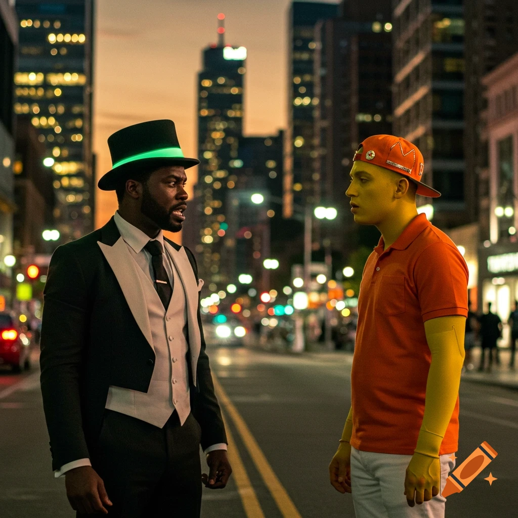 Two men, one in a suit with a glowing top hat, the other with yellow skin in an orange shirt, stand in a city street at night.