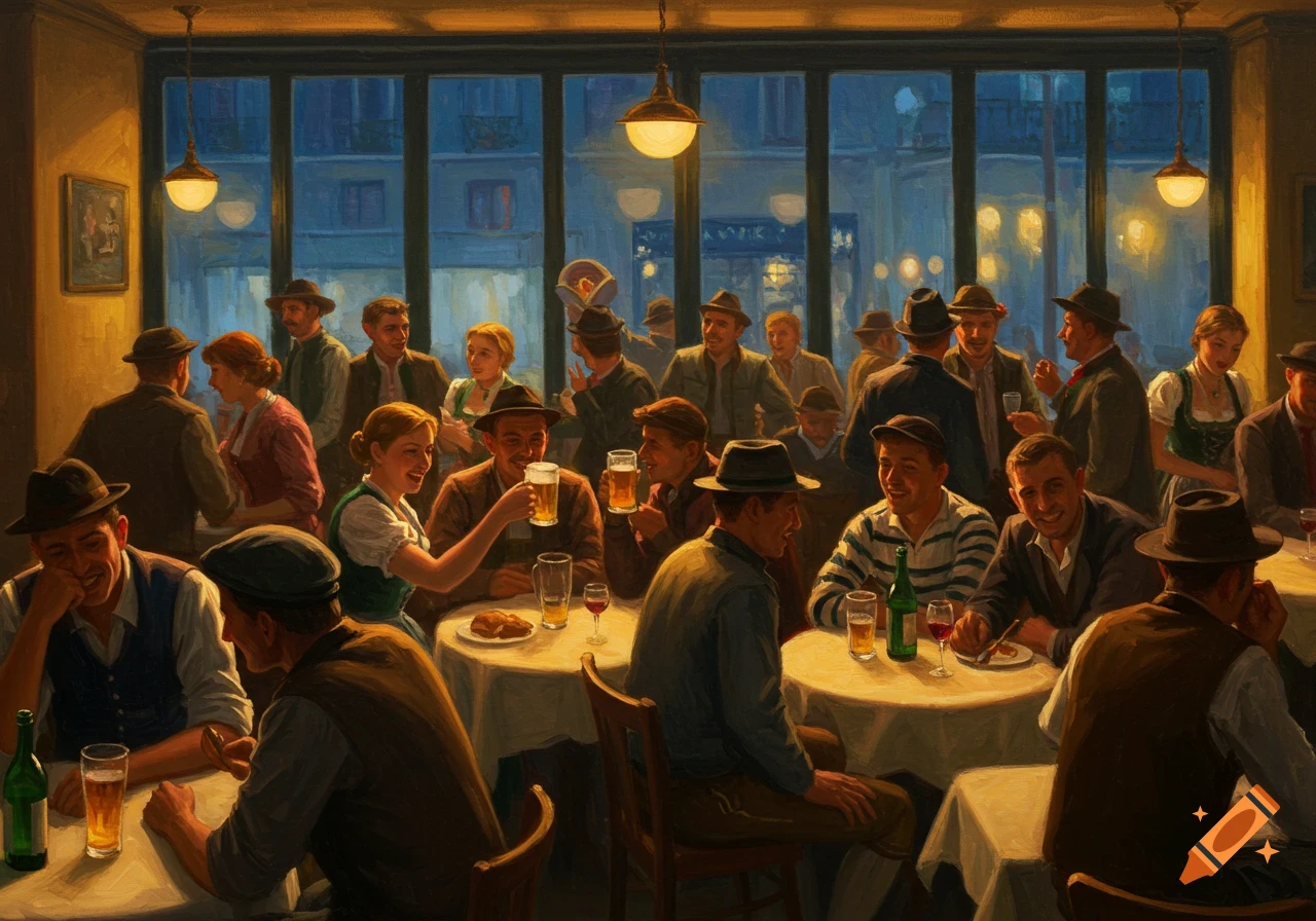 An Edward Hopper style oil painting of a lively restaurant at night, with people in Bavarian and French clothes celebrating with beer and wine.